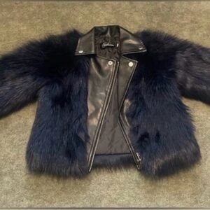 Gently Worn Kids Navy Blue Faux Fur Jacket with Black Faux Leather